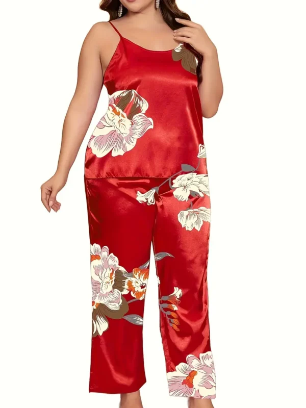 Ensemble de pyjama en satin élégant pour femme grande taille, Imprimé floral, haut sans manches et pantalon confortable, tissu extensible pour toutes les saisons