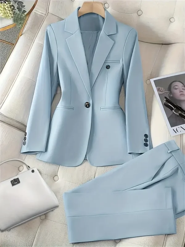 Ensemble blazer élégant de couleur unie grande taille, blazer à manches longues et pantalon à revers boutonné sur le devant, tenues pour le bureau et le travail, vêtements grande taille pour femmes