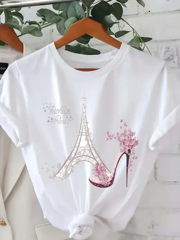 T-shirt imprimé tour Eiffel à la mode - Décontracté, surdimensionné, motif géométrique, printemps/été/automne, mélange de polyester, col rond, élastique, applique florale, tissu tricoté