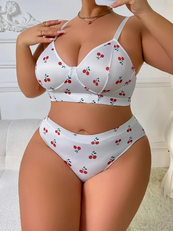 Ensemble de lingerie coquine pour femmes, grande taille, imprimé cerise mignon, soutien-gorge et culotte à col en V, ensemble 2 pièces