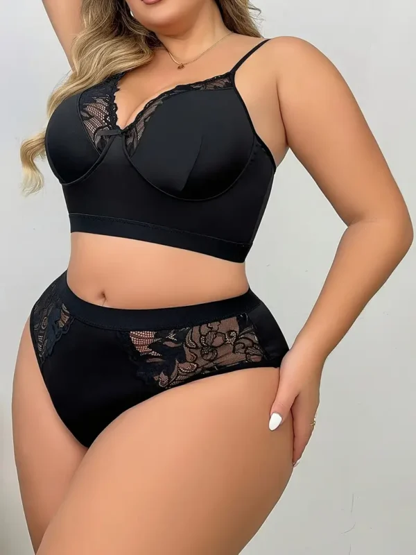 Ensemble de lingerie élégant grande taille pour femme, soutien-gorge bralette et culotte en dentelle contrastée sans rembourrage, ensemble de lingerie 2 pièces grande taille – Image 2