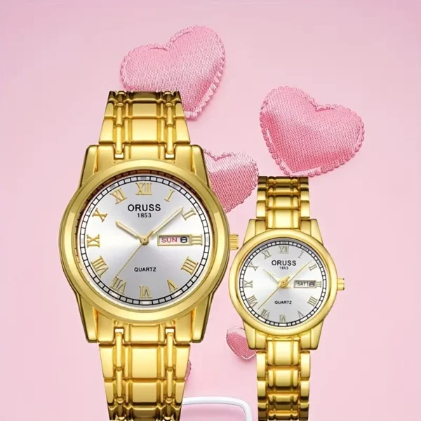 Montre à quartz de luxe pour couple Montre à quartz de luxe pour couple, 2 pièces, analogique, dorée, calendrier, mode d'affaires, cadeau de Saint-Valentin pour lui et elle 1 septembre 2024 Kotazando