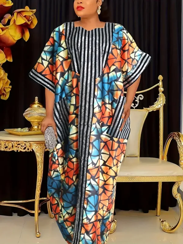 Robe Kaftan à manches chauve-souris Geo Print, robe élégante de longueur maxi, vêtements pour femmes – Image 13