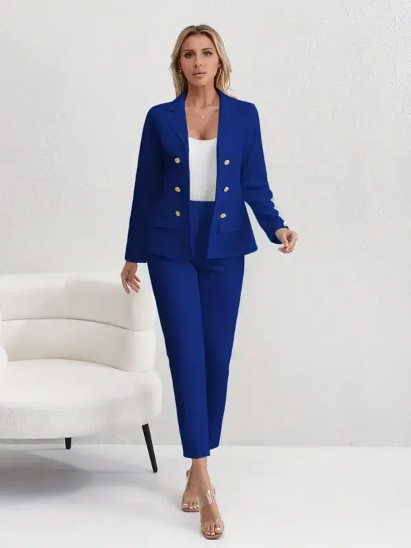 Costume pantalon élégant de couleur unie, Blazer à double boutonnage à manches longues et revers et pantalon slim taille haute, Tenues pour femmes - Image 14