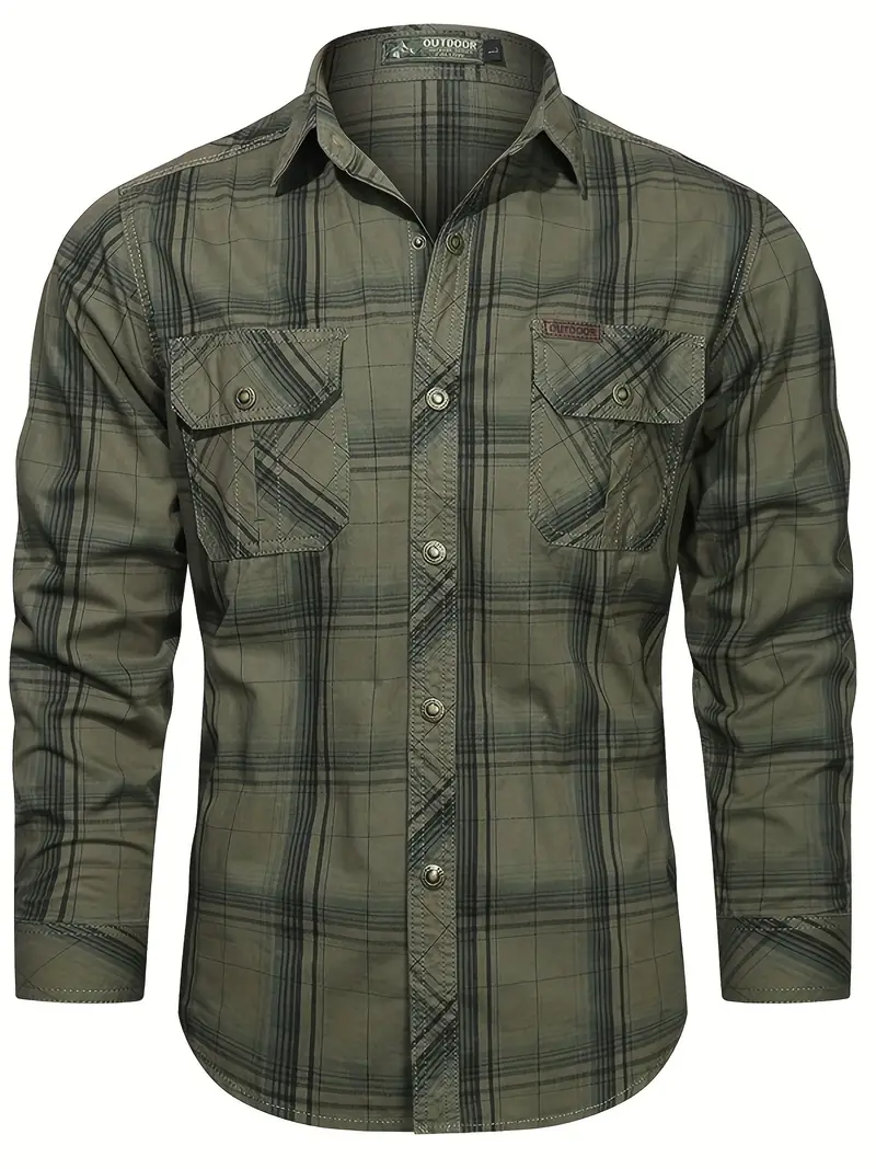 Chemise Décontractée À Carreaux Boutonnée À Manches Longues Pour Hommes, Chemise Cargo Multi-poches En Coton, Vêtements Pour Hommes Pour Le Printemps Été Automne, Hauts Pour Hommes 5 Chemise Décontractée À Carreaux Boutonnée À Manches Longues Pour Hommes, Chemise Cargo Multi-poches En Coton, Vêtements Pour Hommes Pour Le Printemps Été Automne, Hauts Pour Hommes – Image 4