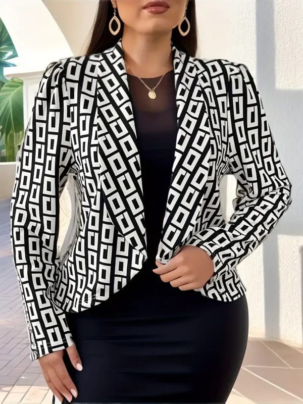 Blazer élégant à imprimé géométrique grande taille pour femme Blazer élégant à imprimé géométrique grande taille pour femme - Col à revers, polyester, légèrement extensible, manches longues, longueur courte septembre 27, 2024 Kotazando