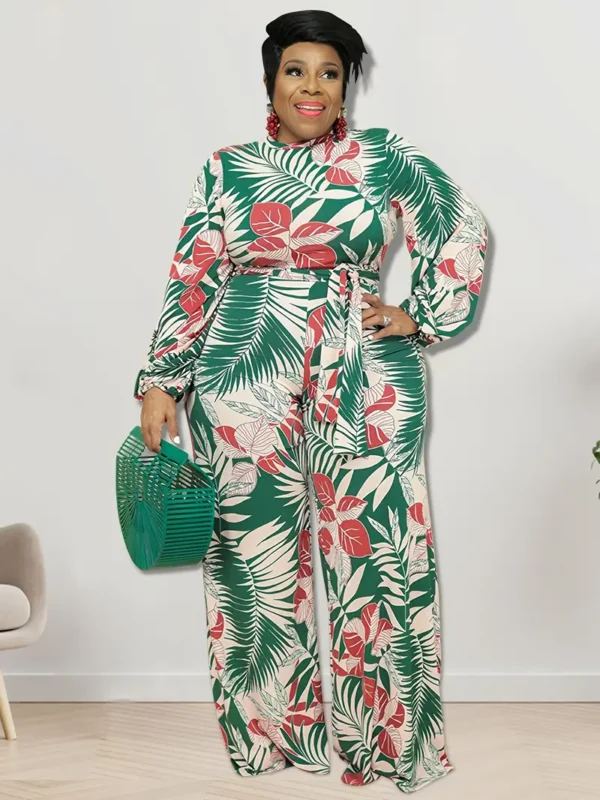Combinaison À Fermeture Éclair Ceinturée À Manches Lanterne Et Imprimé Tropical De Grande Taille, Combinaison Décontractée Pour Femme – Image 3