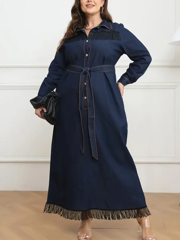 Robe en jean élégante grande taille, robe en jean longue à franges brutes et ceinture à nouer de couleur unie pour femme avec manches longues et col en V – Image 3