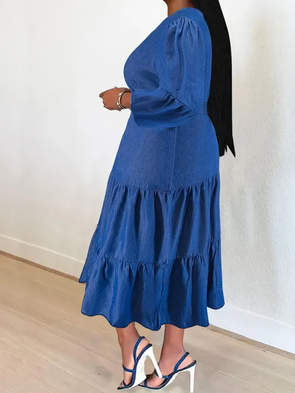 Robe en jean grande taille pour femmes, Style décontracté, longueur avec volants à plusieurs niveaux, manches 3/4, taille ceinturée à la mode – Image 2