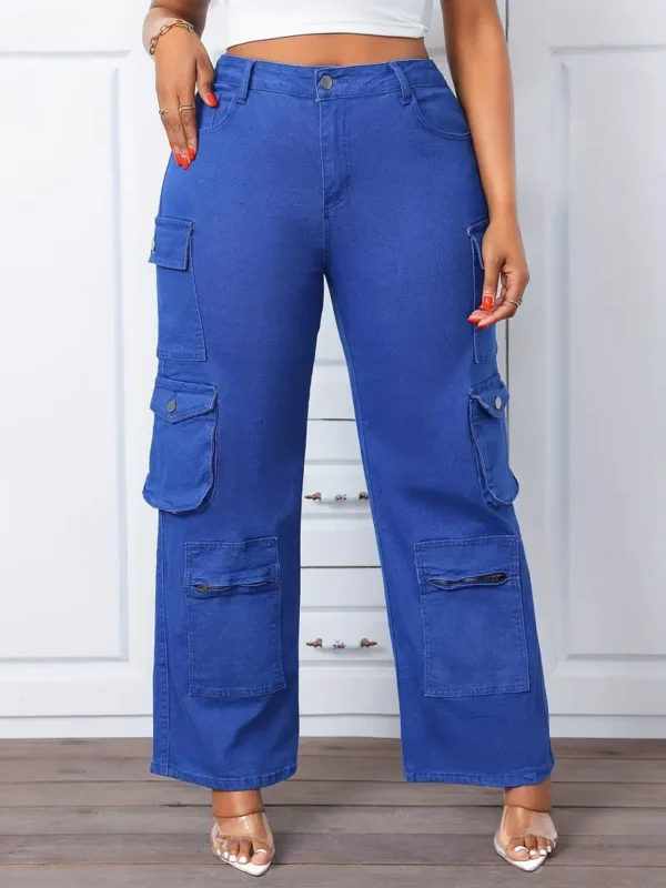 Jean cargo noir grande taille pour femme avec plusieurs poches, pantalon large en denim stretch décontracté, pantalon tendance pour le confort et le style - Parfait pour l'automne et l'hiver