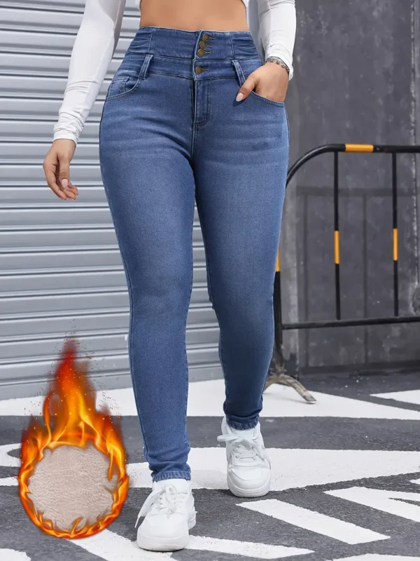 Pantalon en jean skinny bleu délavé à coupe ajustée et doublure en peluche pour l'hiver, style décontracté, épais et chaud pour femmes. – Image 3
