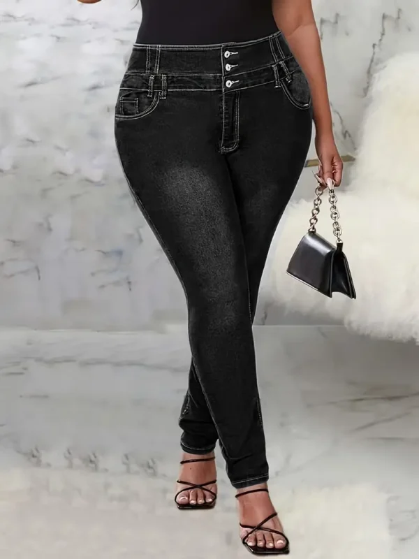 Plus Size Jean skinny taille haute polyvalent à simple boutonnage, Jeans et vêtements en denim pour femmes - Image 6