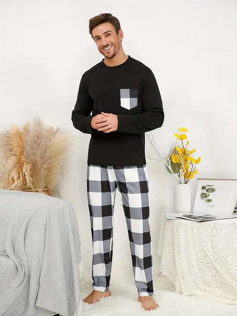 2 ensembles de pyjamas pour hommes avec manches longues et poches, pantalons à carreaux, style confortable et doux pour la peau, vêtements de détente confortables pour hommes 4 2 ensembles de pyjamas pour hommes avec manches longues et poches, pantalons à carreaux, style confortable et doux pour la peau, vêtements de détente confortables pour hommes – Image 3