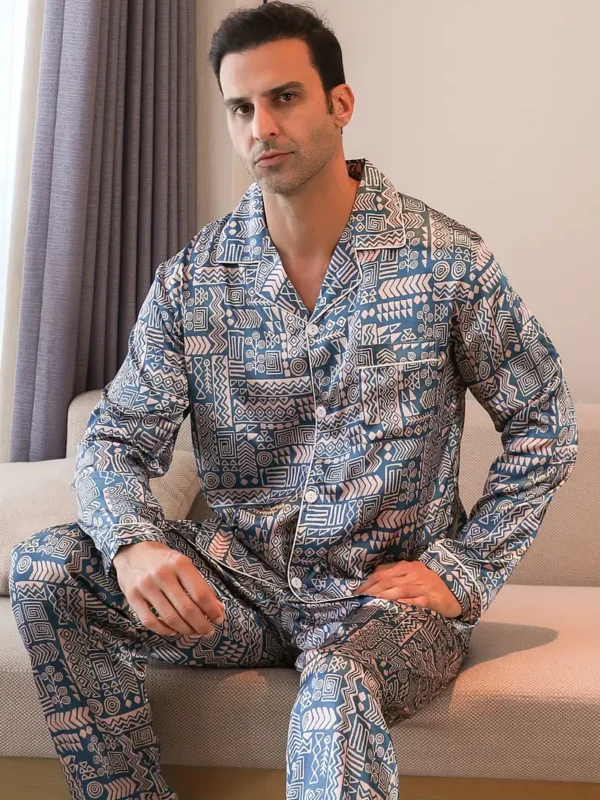 2 Pcs Ensemble de pyjama pour homme avec imprimé géométrique tendance, revers, manches longues et pantalon, style confortable et doux pour la peau, vêtements de détente confortables pour homme – Image 3