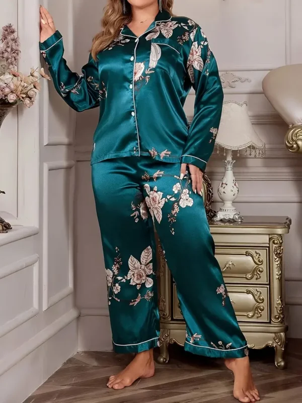 Ensemble de pyjama élégant pour femme, grande taille, imprimé floral en satin, chemise à manches longues et pantalon, ensemble 2 pièces pour l'automne et l'hiver – Image 2