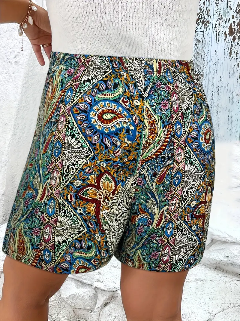 Short à taille nouée imprimé cachemire grande taille, short décontracté de vacances pour l'été, vêtements grande taille pour femmes 3 Short à taille nouée imprimé cachemire grande taille, short décontracté de vacances pour l'été, vêtements grande taille pour femmes – Image 2