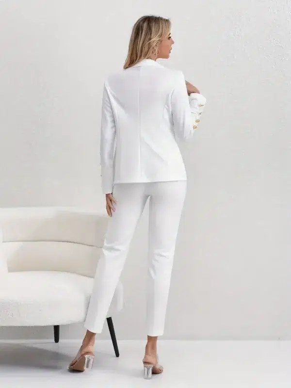 Costume pantalon élégant de couleur unie, Blazer à double boutonnage à manches longues et revers et pantalon slim taille haute, Tenues pour femmes - Image 4