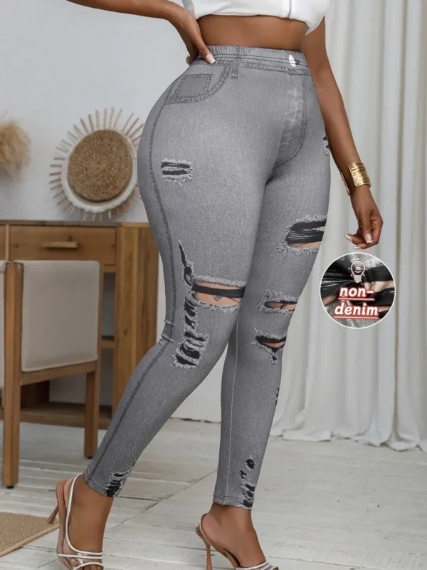Leggings déchirés en faux denim grande taille, leggings taille haute décontractés pour un usage quotidien, vêtements grande taille pour femmes