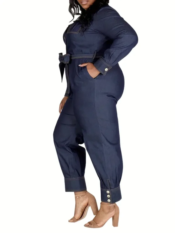 Combinaison en jean grande taille à manches longues avec ceinture, combinaison à col en V pour femmes avec poches – Image 5