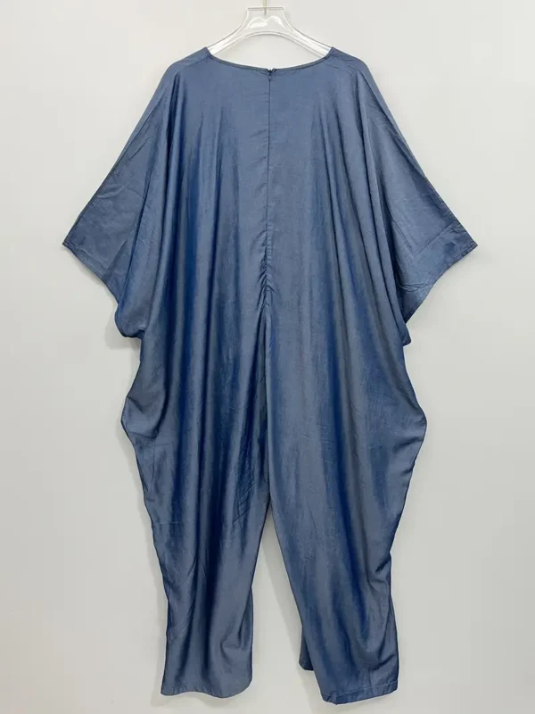Combinaison zippée unie grande taille, combinaison décontractée à manches chauve-souris et col en V, vêtements grande taille pour femmes – Image 2