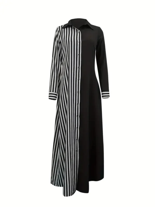 Robe À Rayures À Boutonnage Simple, Robe Maxi Décontractée À Manches Longues Et Blocs De Couleur Pour Le Printemps Et L'automne, Vêtements Pour Femmes – Image 4