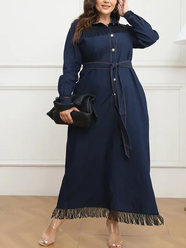 Robe en jean élégante grande taille, robe en jean longue à franges brutes et ceinture à nouer de couleur unie pour femme avec manches longues et col en V – Image 4