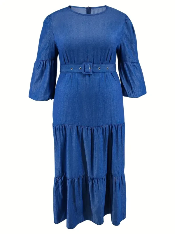Robe en jean grande taille pour femmes, Style décontracté, longueur avec volants à plusieurs niveaux, manches 3/4, taille ceinturée à la mode – Image 6