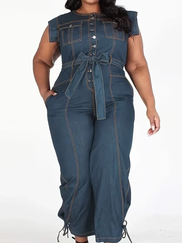 Salopette En Jean Décontractée Pour Femmes, Taille Plus, Coutures Contrastées, Ceinture À Nœud Papillon, Fermeture Boutonnée Unique, Sans Manches, Bretelles À Nouer, Combinaison En Jean – Image 3