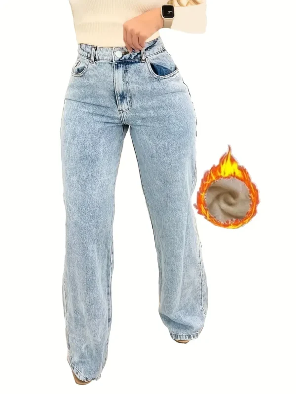 Jean en denim stretch doublé polaire pour femmes grandes tailles, Pantalon long droit en coton mélangé style streetwear avec détails flocons de neige, fermeture éclair, sans ceinture pour les sorties décontractées automne/hiver par Tu bu yin he – Image 4