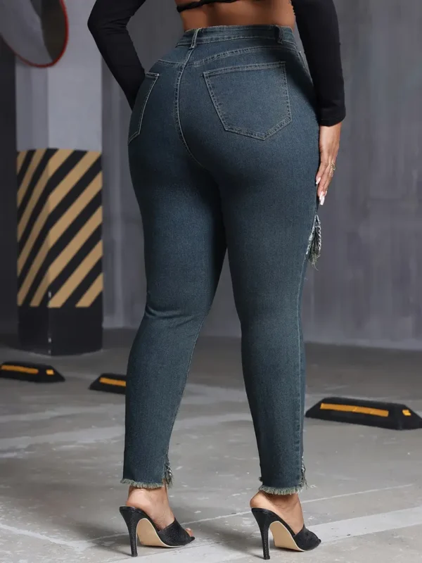 Pantalon en jean skinny brut à franges et taille haute, pour femme, grande taille – Image 4
