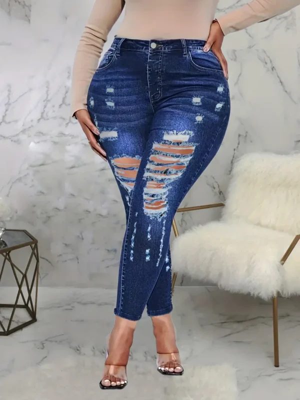 Pantalon skinny déchiré taille haute en denim délavé bleu, taille plus, très extensible, pour femmes. – Image 4