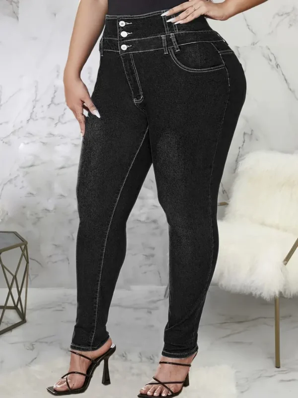 Plus Size Jean skinny taille haute polyvalent à simple boutonnage, Jeans et vêtements en denim pour femmes - Image 5