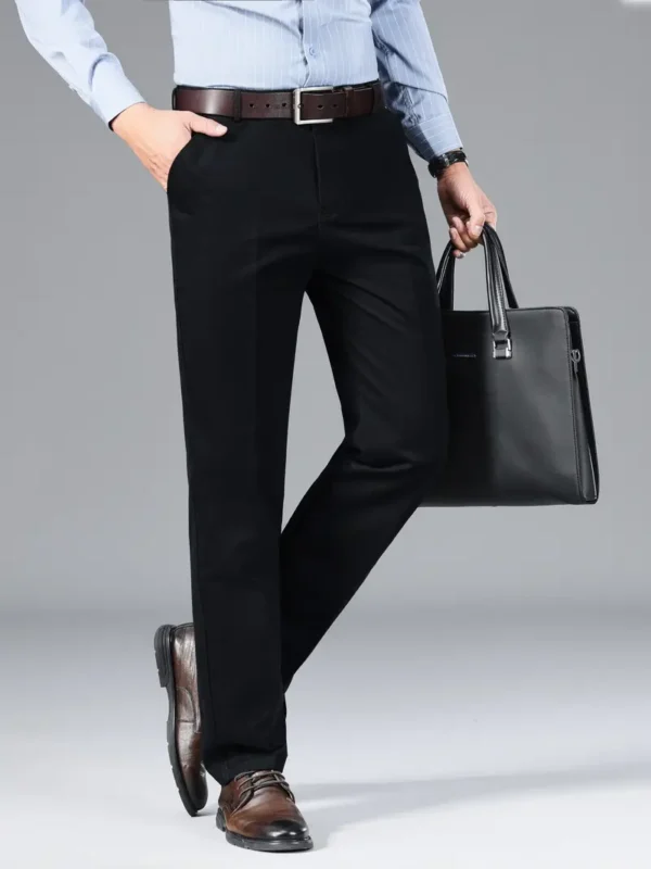 Pantalon uni en coton mélangé pour homme, pour le printemps et l'automne, taille mi-haute et coupe ajustée, durable et confortable, bas décontractés pour les affaires et les tenues formelles – Image 4