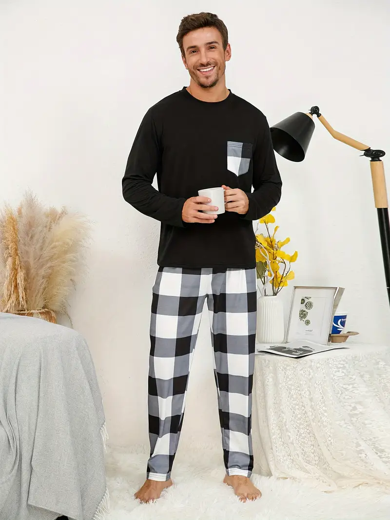 2 ensembles de pyjamas pour hommes avec manches longues et poches, pantalons à carreaux, style confortable et doux pour la peau, vêtements de détente confortables pour hommes 5 2 ensembles de pyjamas pour hommes avec manches longues et poches, pantalons à carreaux, style confortable et doux pour la peau, vêtements de détente confortables pour hommes – Image 4