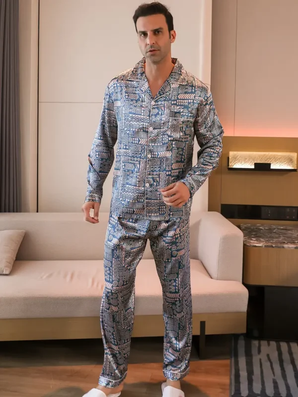 2 Pcs Ensemble de pyjama pour homme avec imprimé géométrique tendance, revers, manches longues et pantalon, style confortable et doux pour la peau, vêtements de détente confortables pour homme – Image 4