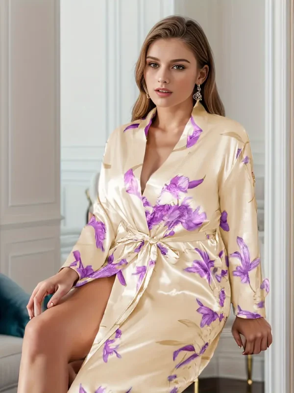 Robe de chambre élégante grande taille, chemise de nuit en satin à imprimé floral pour femme, manches longues, devant ouvert, ceinture, pour l'automne et l'hiver – Image 5