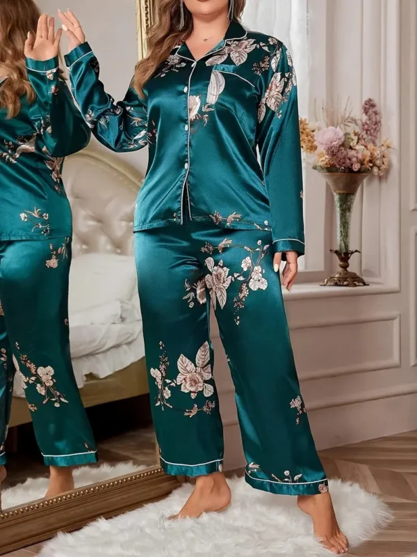 Ensemble de pyjama élégant pour femme, grande taille, imprimé floral en satin, chemise à manches longues et pantalon, ensemble 2 pièces pour l'automne et l'hiver – Image 4