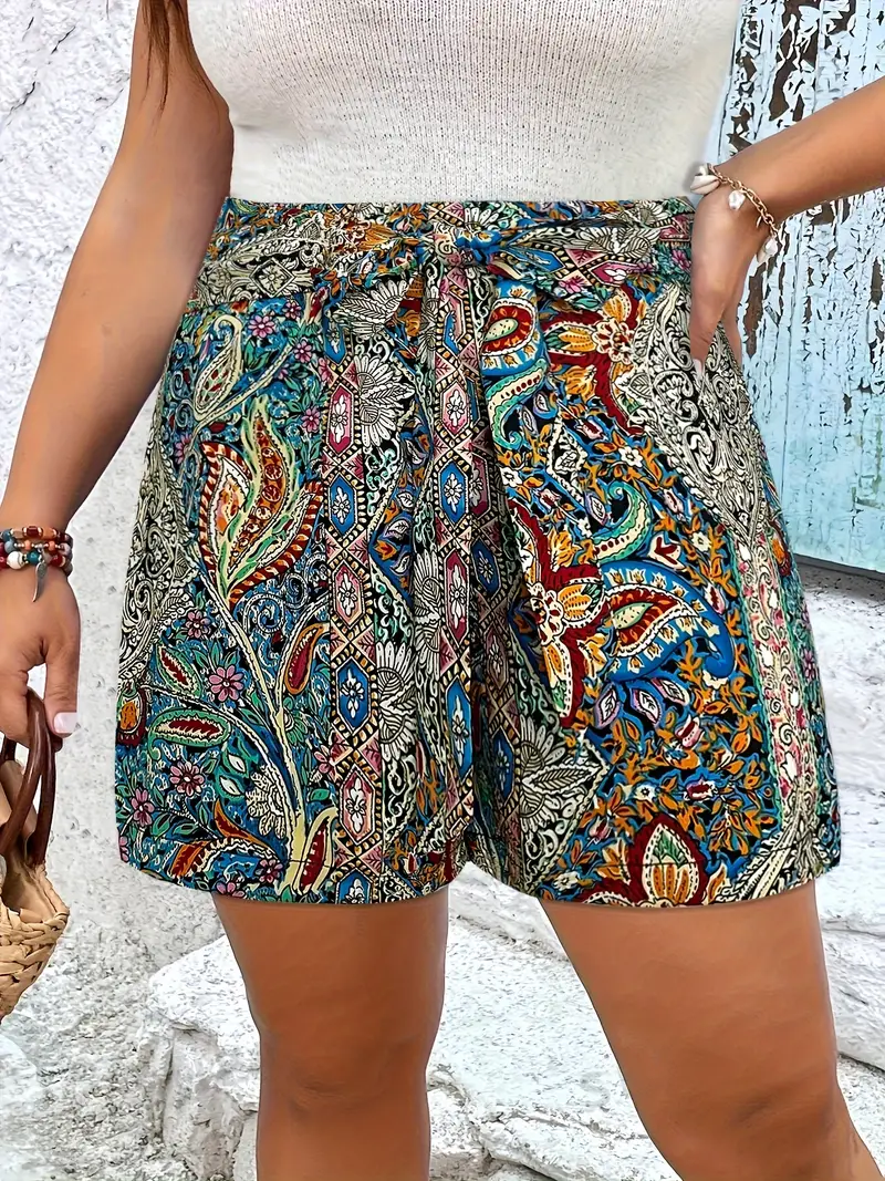 Short à taille nouée imprimé cachemire grande taille, short décontracté de vacances pour l'été, vêtements grande taille pour femmes 5 Short à taille nouée imprimé cachemire grande taille, short décontracté de vacances pour l'été, vêtements grande taille pour femmes – Image 4
