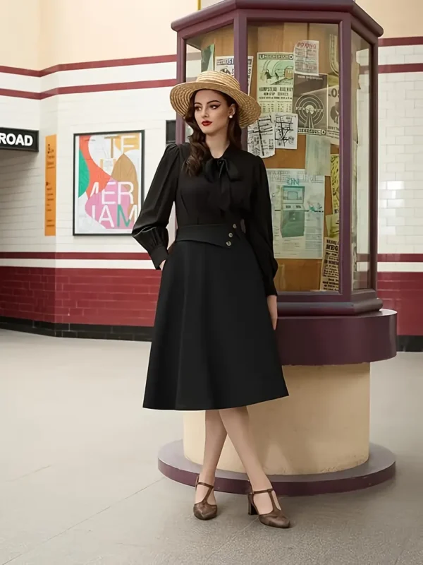 Jupe trapèze taille haute vintage pour femme avec détails boutonnés, jupe plissée décontractée, mélange de polyester et d'élasthanne, couleur unie, toutes saisons, légèrement extensible – Image 4
