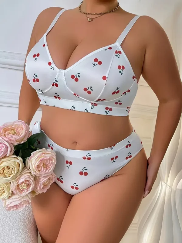 Ensemble de lingerie coquine pour femmes, grande taille, imprimé cerise mignon, soutien-gorge et culotte à col en V, ensemble 2 pièces – Image 6