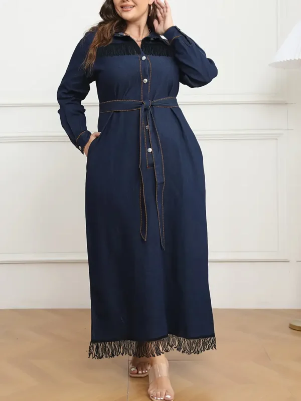 Robe en jean élégante grande taille, robe en jean longue à franges brutes et ceinture à nouer de couleur unie pour femme avec manches longues et col en V – Image 5