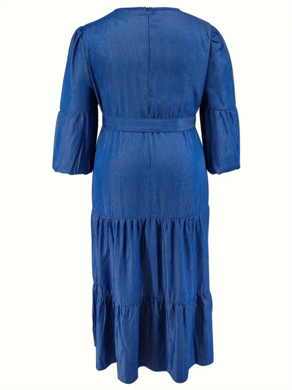 Robe en jean grande taille pour femmes, Style décontracté, longueur avec volants à plusieurs niveaux, manches 3/4, taille ceinturée à la mode – Image 5