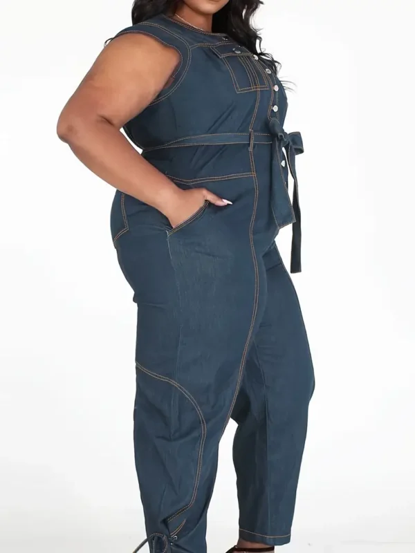 Salopette En Jean Décontractée Pour Femmes, Taille Plus, Coutures Contrastées, Ceinture À Nœud Papillon, Fermeture Boutonnée Unique, Sans Manches, Bretelles À Nouer, Combinaison En Jean – Image 5