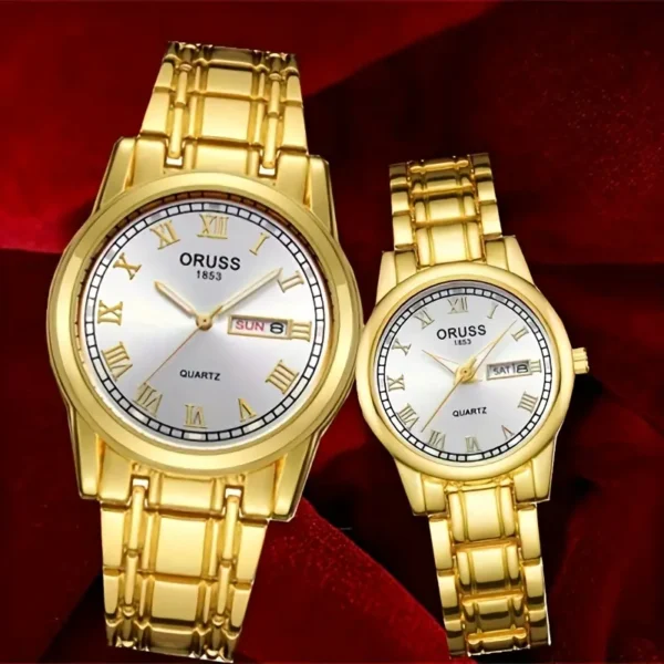 Montre à quartz de luxe pour couple Montre à quartz de luxe pour couple, 2 pièces, analogique, dorée, calendrier, mode d'affaires, cadeau de Saint-Valentin pour lui et elle 1 septembre 2024 Kotazando