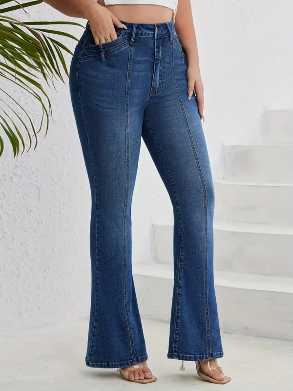 Jean évasé décontracté taille haute pour femmes, pantalon en Denim pincé à fond cloche en Denim bleu délavé classique, mode polyvalente pour un usage quotidien – Image 5