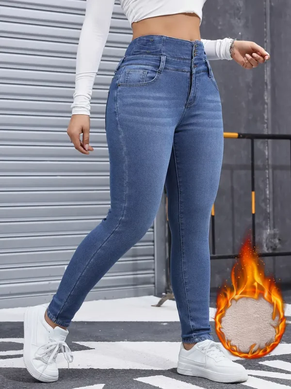 Pantalon en jean skinny bleu délavé à coupe ajustée et doublure en peluche pour l'hiver, style décontracté, épais et chaud pour femmes. – Image 5
