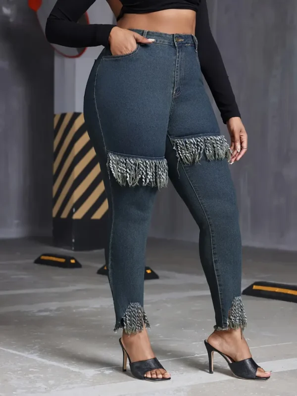 Pantalon en jean skinny brut à franges et taille haute, pour femme, grande taille – Image 5