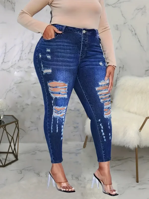 Pantalon skinny déchiré taille haute en denim délavé bleu, taille plus, très extensible, pour femmes. – Image 5