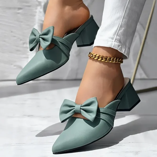 Escarpins à talons compensés et bout pointu avec nœud papillon chic pour femmes, sandales à enfiler à talon carré épais, chaussures élégantes pour robe de soirée – Image 5