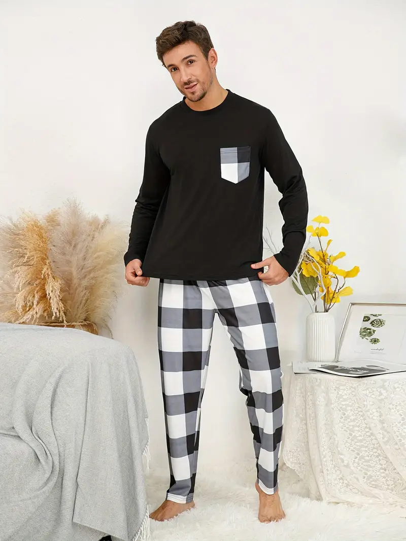 2 ensembles de pyjamas pour hommes avec manches longues et poches, pantalons à carreaux, style confortable et doux pour la peau, vêtements de détente confortables pour hommes 6 2 ensembles de pyjamas pour hommes avec manches longues et poches, pantalons à carreaux, style confortable et doux pour la peau, vêtements de détente confortables pour hommes – Image 5